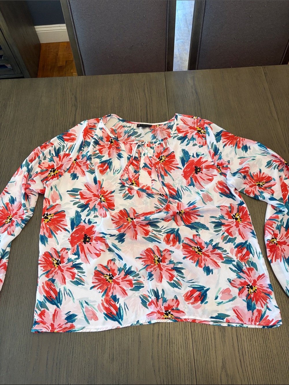 bobeau Coral & Teal Floral Tie-Neck Blouse